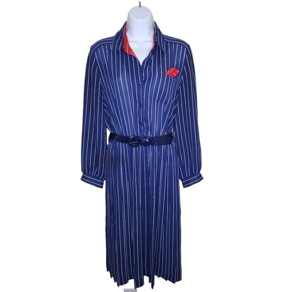 Vintage 1970s Belted Shirt Dress Womens Size M Blue Pinstripes Red Mob Accent - Picture 1 of 6